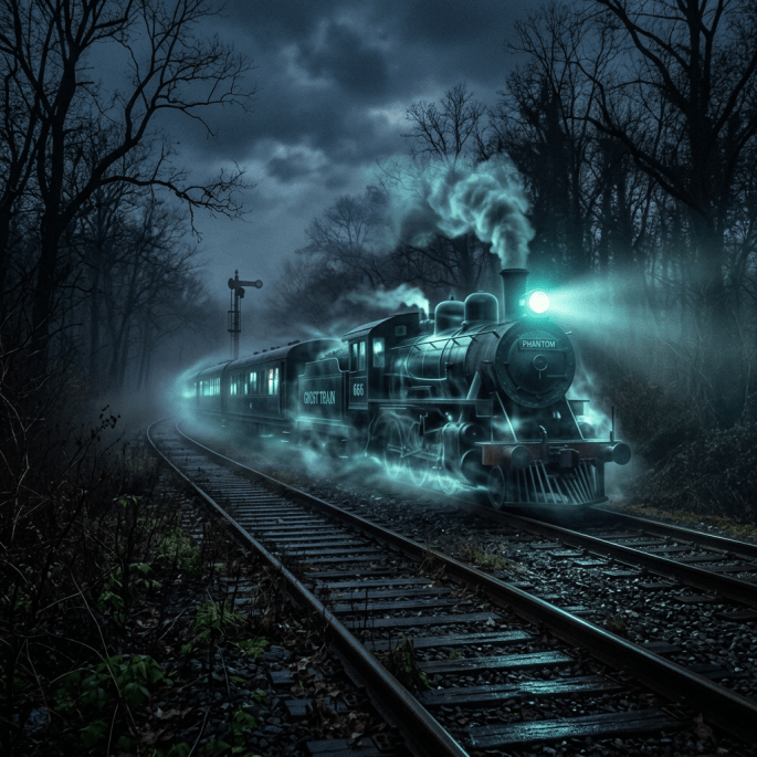 Ghost train labeled PHANTOM and GHOST TRAIN traveling through a misty forest