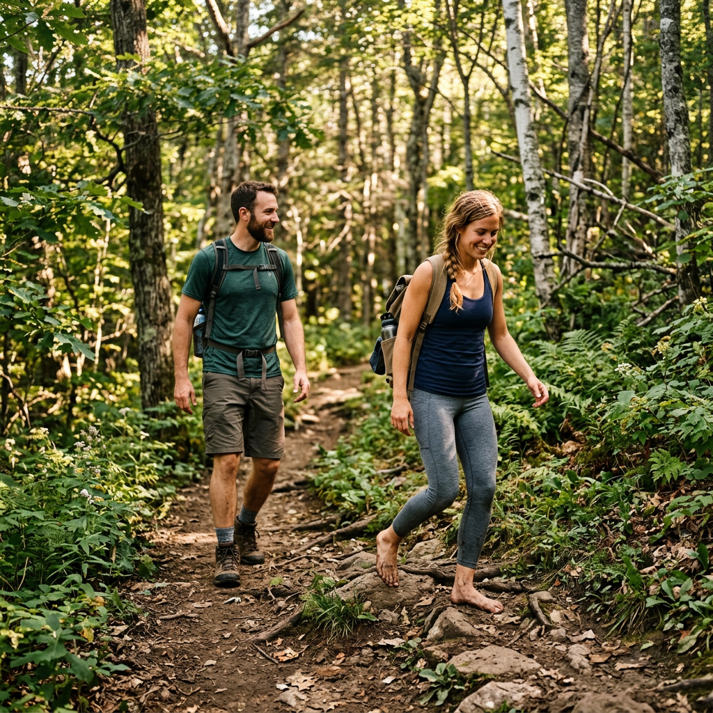 Two hikers walking along a wooded trail surrounded by lush greenery